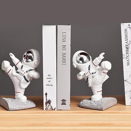 White Book Ends for Kids, Upgraded Astronaut Bookends Resin Spaceman Book Holders for Shelves Sturdy Book Stopper Book Ends to Hold Books Unique Outer Space Book Shelf Ends(F2-Silver Color) - color: Astronaut F-silver