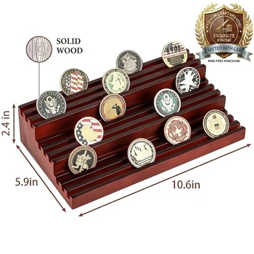 Challenge Coin Display Stand - Where Every Coin Tells A Story - Solid Wood Military Coin Rack | 9-Row Ladder Design Holds 45-60 Coins | Desktop Holder for Army Police Firefighters (Walnut) - color: Walnut