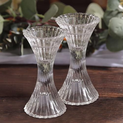 Efavormart 2 Pack | 5" Clear Crystal Hour Glass Pillar Candlestick Stands, Reversible Taper Candle Holders with Diagonal Stripes - color: Type1