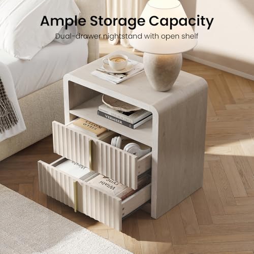 ModernMate Night Stand Set of 2, 23.6" Fluted Nightstand with 2 Drawers, Curve Profile Bedside Table with Solid Metal Handle, Thicken End Side Table for Bedroom, White Alder