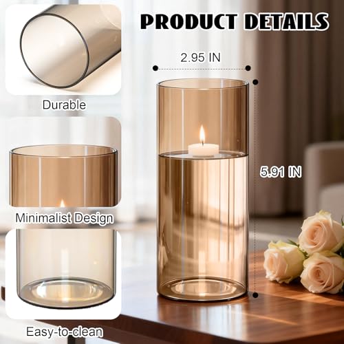 12pcs Amber Glass Cylinder Vases for Centerpieces, Gold 6 Inch Clear Flower Vases for Wedding Decorations and Indoor Home Decor, Hurricane Candle Holder for Table Shelf, Party