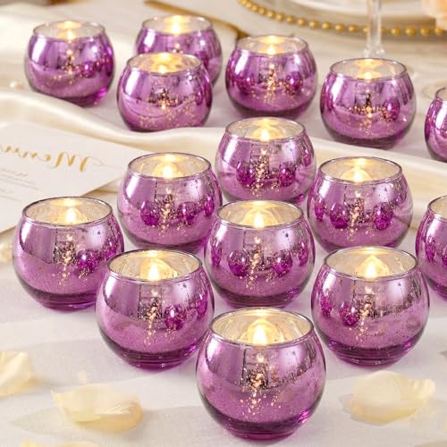 24 Pcs Purple Votive Candle Holders for Wedding Decor, Purple Mercury Glass Candle Holders for Table Centerpieces, Tea Light Holder for Wedding Bridal Shower Party Supplies - color: Purple