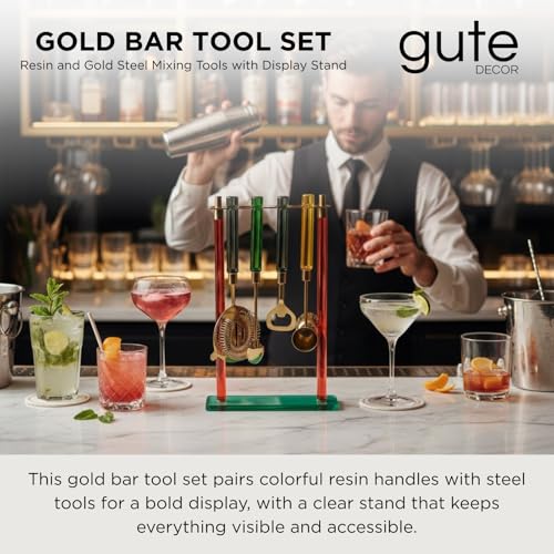 5-Piece Gold Bartender Kit with Stand. Stainless Steel Bar Tool Set, Colorful Handles. Includes Jigger, Strainer, Spoon, Bottle Opener Luxury Home Bar Cart Accessories, Cocktail Decor & Mixer Gift Set - color: Mixed Color