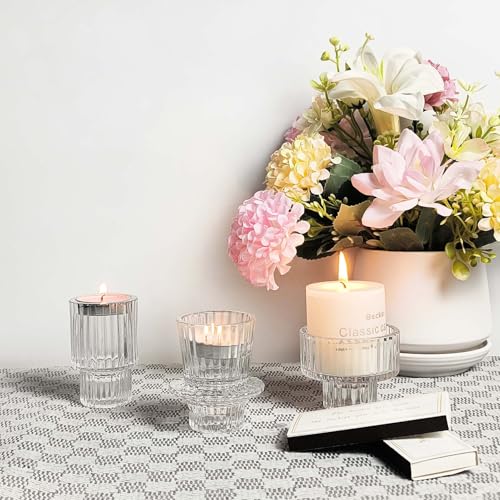 Taper Glass Candlestick Holders Tealight Candle Holders Votive Candle Stick Holder for Table Centerpieces Wedding Decor(6 Pcs, Clear)