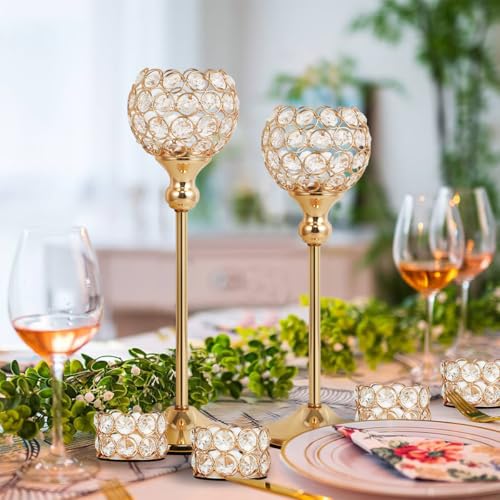 VINCIGANT 16PCS Gold Crystal Candle Holders Pillars for Wedding Decoration,Votive Crystal Candle Holders for Dinner Table Room Party Rhinestone Decorative - size: 16 pcs 13" & 15" Tall
