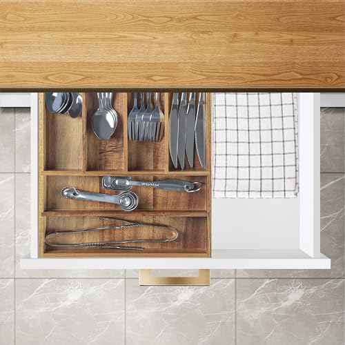 KITEISCAT Acacia Wood Silverware Organizer, Kitchen Utensil Drawer Organizer for Forks, Knives & Spoons, 6-Compartment Cutlery Tray, Flatware Holder - size: 6 Compartments