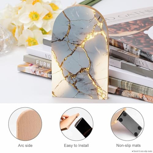 Gold Cracked Marble Texture Wooden Bookends Shelves 2 PCS Minimalism Sturdy Book Holders Desktop Organizer for Home Office Libraries - color: Color