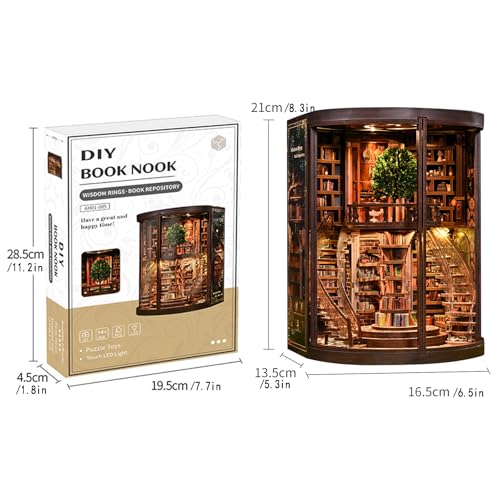 Wisdom Tree Library Book Nook Kit, DIY 3D Wooden Puzzle with Rotating Staircase, LED Light & Dust Cover, Premium Solid Wood Bookend, Vintage Decor, Creative Gift for Adults & Book Lovers - style: Wisdom Tree Library