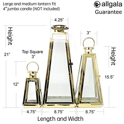 Allgala 3-PC Lantern Set 24 Inch Jumbo Deluxe Modern Indoor/Outdoor Candle Lantern Set Gold Stainless Steel Tapered Trapezoid Frame with Tempered Glass for Garden Patio Fireplace Wedding - color: Taper Gold