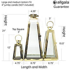 Allgala 3-PC Lantern Set 24 Inch Jumbo Deluxe Modern Indoor/Outdoor Candle Lantern Set Gold Stainless Steel Tapered Trapezoid Frame with Tempered Glass for Garden Patio Fireplace Wedding - color: Taper Gold