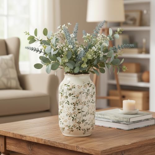Green Vintage Vase, Chinoiserie Floral Vases for Flowers, Rustic Farmhouse Ceramic Vase for Home Decor, Living Room, Shelf, Office, Vintage Room Decor, 9 inch, White and Green - color: White and Green