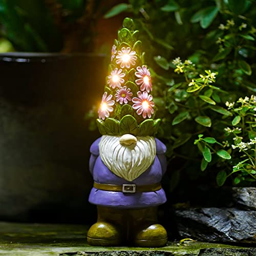 Nacome Solar Garden Outdoor Statues Gnome with Succulent and 7 LED Lights - Lawn Decor for Patio, Balcony, Yard Ornament for Mom Grandma Women - color: Purple Gnome