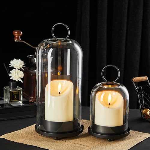 5"&4" Metal Candle Holder with Handmade Glass Dome in Brass & 2 Timer Candles, Set of 2 Versatile Hurricane Glass Candle Holders for Pillar Candles & Plants - color: Black