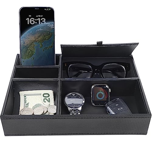 Zcaukya Men's Valet Tray, Jewelry Box Nightstand Organizer with 5 Compartments for Phone Keys Wallet Watch Glasses, Faux Leather Dresser Entryway Catchall Holder for Father's Day Gift (Black) - color: Black