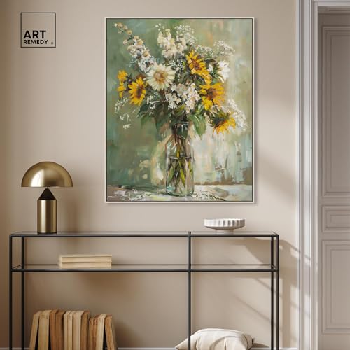 Art Remedy Sunflowers In A Glass Vase Canvas Vintage Farmhouse Wall Art, Silver Frame, 30" x 36" - color: Silver Frame, size: 37"L x 31"W