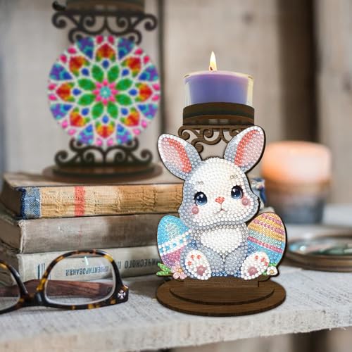 BAYUNOE 2Pcs DIY Candlestick Holders Wooden Desktop Diamond Art Painting Candle Holder Double-Sided Diamond Vintage Modern Decorative for Table Mantel Wedding Dinning Party-06 - color: 2pcs-06