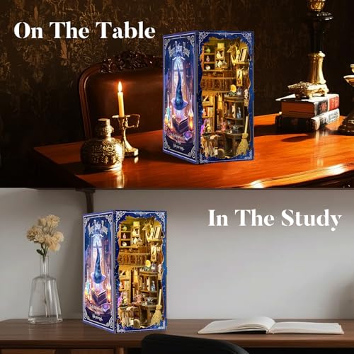 DIY Book Nook Kit for Adults, 3D Wooden Puzzle Bookshelf Insert Decor with LED Light & Stickers, Dust Cover,Miniature House Craft Gifts for Family,Friends and Book Lovers（Magic Potion House） - style: Magic Potion House