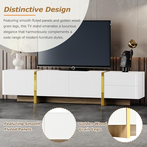ON-TREND Luxury Fluted TV Stand for TVs Up to 80'', Modern Entertainment Center with Storage Cabinets & Drawers, Smooth Media Console with Golden Wood Grain Legs for Living Room, White - color: White4