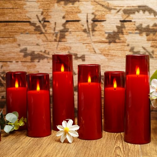 kakoya Flickering Flameless Candles Battery Operated with Remote and 2/4/6/8 H Timer Plexiglass Led Pillar Candles Pack of 9 (D2.3 xH5.5 6.5" 7.5") with Realistic 3D Wick Candles for Home Decor(Red) - color: Red