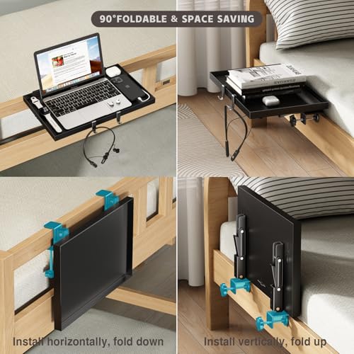 Magheo Foldable Bedside Shelf, Metal Clip-On Bunk Bed Table Shelf for Top Bunk Heavy Duty Bed Side Table Tray for College Dorm Room Essentials, Loft Nightstand Organizer Tray with 3 Cord Hole(Black) - color: Black, size: 14.76" x 9.68" x 0.79"