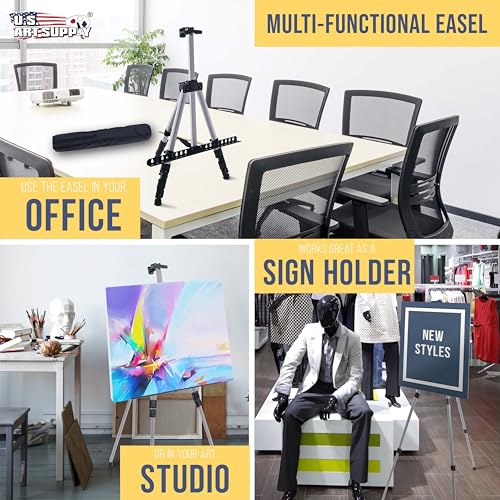 U.S. Art Supply 66" Silver Metal Tripod Easel Display - Adjustable 18"- 5.5', Holds 36" Canvas - Floor/Tabletop Easel Stand, for Sign Display, Painting, Poster Board, Canvas - Portable Bag