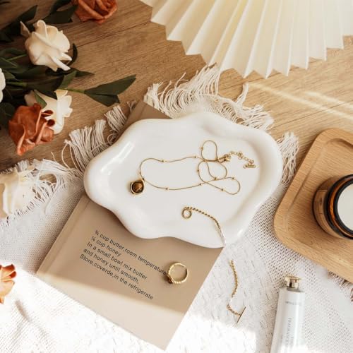 Gifts For Women White Ceramic Jewelry Dish Tray, Vanity Ring Dish Ceramic Jewlery Trays Trinket Ring Holder, Room Decor Aesthetic,Decorative Cloud Vanity Key Tray Present for Wife Mom Daughter (Cloud) - style: Cloud