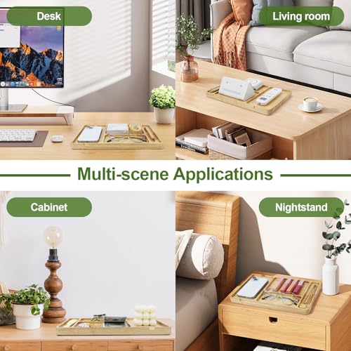 Buqoo Rubberwood Valet Tray with Cable Slot - 11.7 x 7.9 Inch Wooden Catch All Organizer Tray, Desk & Nightstand Organizer for Keys, Wallet, Jewelry, Phone, Watch, Earbuds