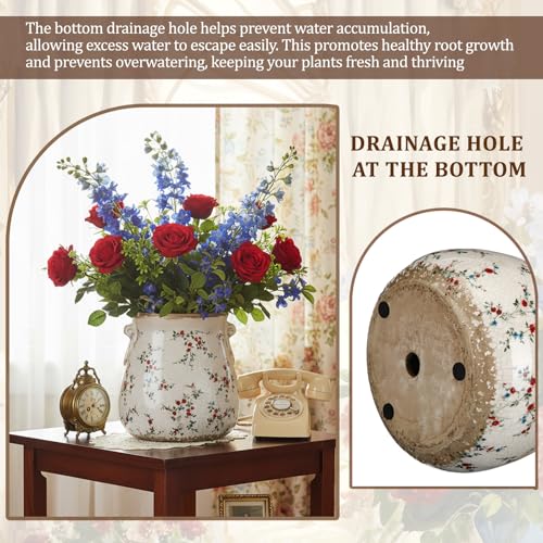 Ceramic Scroll Planter 6.5 Inch Chinoiserie Floral Vase with Drainage Holes Vintage Flower Vase Flower Pot Rustic Ceramic Pots for Indoor Plants Garden Home Bookshelf Decor(Milky) - style: Milky