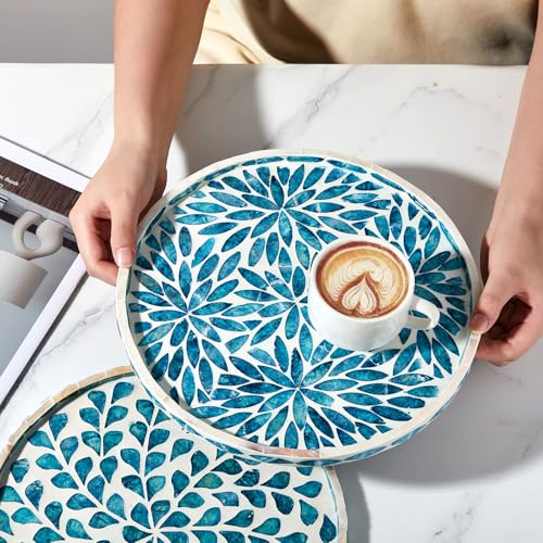 Chunful Mother of Pearl Round Serving Tray Wood Coffee Table Tray 10.4 Inch for Tea Breakfast Kitchen Cabinet(Leaf Style) - style: Leaf Style