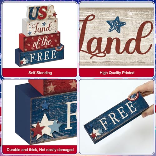 CroBlissful 4 Pcs 4th of July Decorations Patriotic Memorial Day Tabletop Decorations Red White Blue Table Centerpieces Sign for Office Tiered Tray Home Shelf 250th Anniversary(Independence Day Usa) - style: Independence Day Usa