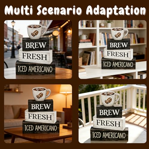 4 Pcs Coffee Bar Decor Wooden Blocks Rustic Farmhouse Sign For Coffee Table Decorations And Shelf Accessories Gift - style: Coffee