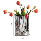 Ceramic Silver Flower Vase, Crinkle Paper Shape, Metal Decorative Home Accent (Large) - size: Large