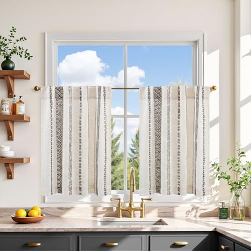 jinchan Boho Kitchen Curtains 24 Inch Linen Tier Curtains with Geometric Pattern Bohemian Cafe Small Light Filtering Window Treatment for Living Room RV Back Tab 2 PanelsBlack on Linen - color: Liora | Black on Linen, size: 26"W x 24"L (Pack of 2)