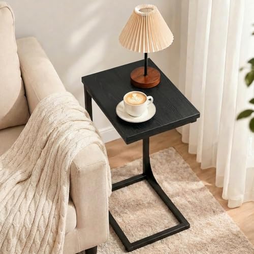 TEMI C Shaped End Table for Couch - Small Side Table and TV Tray for Eating or Laptop, Accent Desk for Chair or Sofa, Easy Assembly, Space-Saving Design for Living Room or Bedroom,Black - color: Black