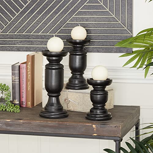 Deco 79 Mango Wood Decorative Candle Holder Turned Style Pillar Candle Stand, Set of 3 Candlestick Holder 10', 8', 6'H, Black - color: Black, size: 3 PIECES SMALL SIZE