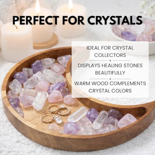 Acacia Wood Moon Crystal Display Tray - Natural Wooden Altar Tray 10.5" x 5" for Crystals and Stones Storage - Solid Wood Jewelry Organizer Dish - Boho Bedroom Decor - color: Acacia