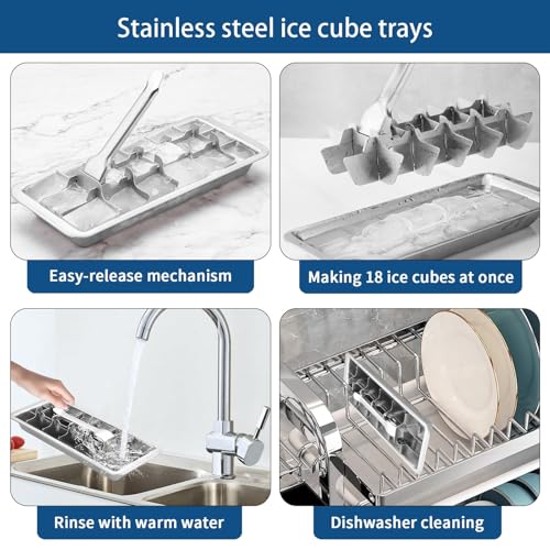 Stainless Steel Ice Cube Trays with Tweezers, Easy-Release Lever Handle, Durable Metal Ice Cube Trays for Freezer, Ideal for Whiskey, Cocktails & Drinks (2 Pack) - color: 18-Cube Ice Tray - Pack of 2