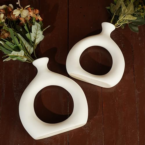 Ajuny Donut Vase Set of 2 – White Ceramic Modern Vases for Flowers, Pampas Grass, Centerpieces | Boho Table Decor for Living Room, Wedding, Kitchen, TV Stand, Office, Shelf, Mantle - style: Hollow-Circle-Vase