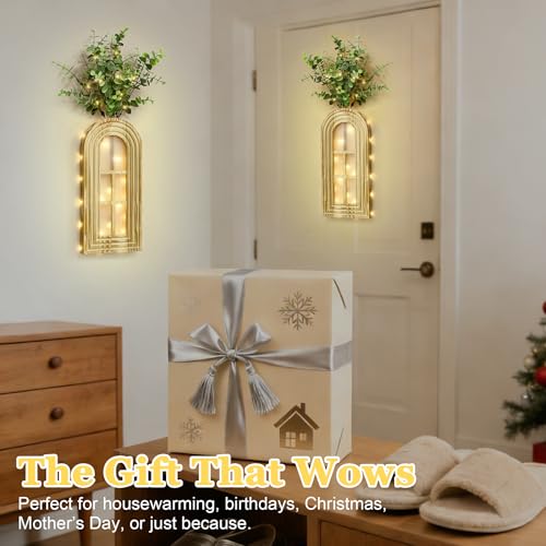 HOMECOR Hanging Wooden Vase Wall Decor - Brown Finish Boho & Modern Farmhouse Decor with Fairy Lights & Artificial Plants, Wall Art for Living Room, Bedroom, Bathroom Home Decor - style: Eucalyptus - Wall Decor