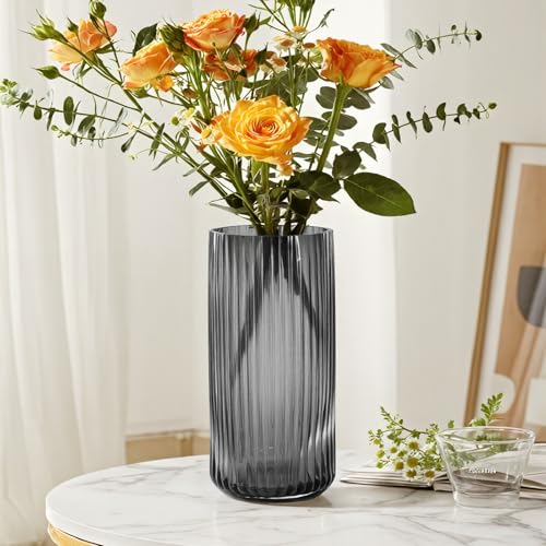 Thick Ribbed Glass Vase for Flowers, 8 Inch Tall Grey Cylinder Vase for Centerpieces, Decorative Modern Flower Vases for Bouquet, Flower Vases for Desk, Shelves, Dining Table, Home Décor - color: Gray, size: Small - 8''H