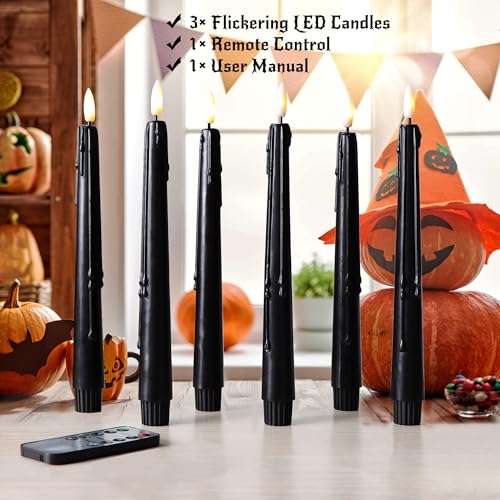 Stmarry Black Flameless Taper Candles with Remote and Timer - 9.65 Inch Real Wax LED Candlesticks - Wax Drip Battery Operated Halloween Taper Candles with 3D Flickering Flame Halloween Decor, 3 Pack - color: Black, size: 3 Pack