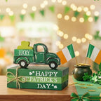 Smile St.Patrick's Day Wooden Book Stack Decor Green Shamrock & Lucky Truck Design, Freestanding Tabletop Shelf Wood Sign for Home Office - style: St Truck