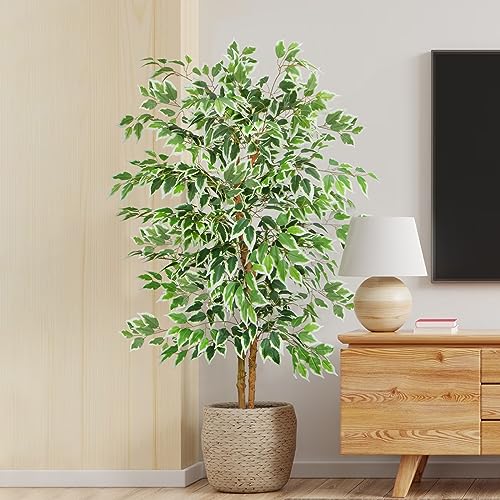 GTIDEA 5ft Ficus Tree Artificial, Tall Fake Tree with Natural Trunk Faux Trees Indoor Silk Ficus Leaves Artificial Trees for Home Decor Indoor Summer Office Living Room Outdoor (Included Dried Moss) - color: 5ft