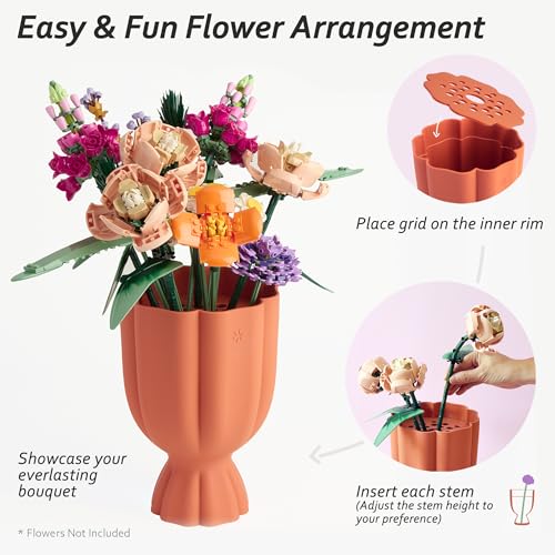 Bouquet Vase for Lego & Crafted Flowers - Flower Arrangement Vase with Floral Grid & Ribbons, Impact Resistant, BPA-Free ABS Plastic, Home Decor Gift for Lego & Flower Lovers (Terracotta Orange)