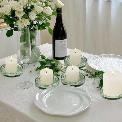 Glass Pillar Candle Holder, 4" Green Candle Plates Set of 6, Glass Candle Holders for Wedding, Party, Holiday, Home Decor, Table Centerpiece - color: Green, size: 6 pcs