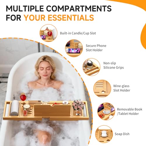 Premium Bamboo Bathtub Caddy Tray with Extending Sides, Adjustable Wood Bath Tray for Luxury Bath, Fits Most Tubs, Accessories Gift Idea - color: Beige 2