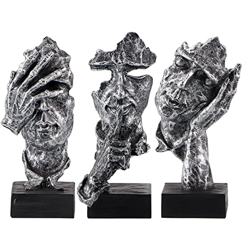 MOLIGOU 3Pcs Thinker Statue, No Hear No See No Speak Abstract Art Figurine, Sculpture Decor for Office, Desktop, Bookshelf (Silver)