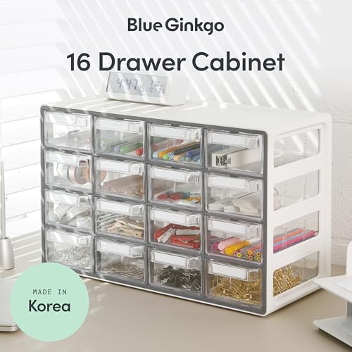 Blue Ginkgo Medium 16-Drawer Cabinet – Stackable Clear Organizer for Hardware, Beads, Plastic Bricks, Office, and Craft Storage (Made in Korea, Gray) - color: GREY, size: 16 Drawer