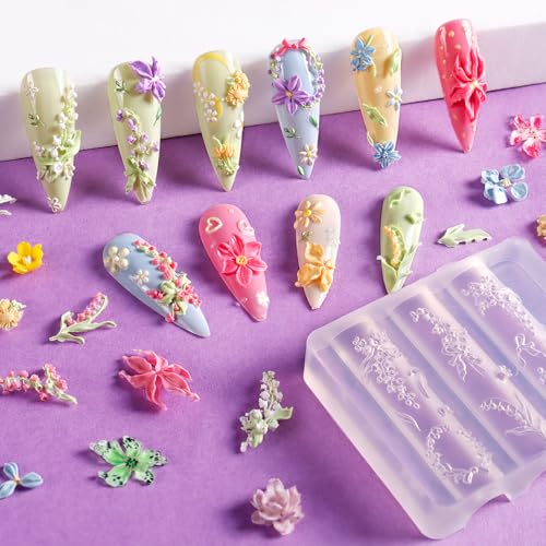 Laza 4pcs Silicone Nail Art Molds, Acrylic 3D Spring Summer Flower Nail Charms Molds Clear Modeling Templates Silicone Flowers Pattern Nail Tools with Sculpture Pen for Salon Nail Design - color: Flowers