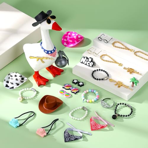 30pcs 7in/17.78cm Desk Goose Outfits, Small Desk Goose Costumes Accessories Include Sunglasses Cowboy Hats Necklaces Heart Star Gold Chain for Magnetic Table Geese Statue Decor